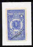 Colombia 1940's Timbre Eclesiastico 50c Printer's sample in blue overprinted Waterlow & Sons SPECIMEN with security punch hole and mounted on small piece