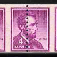 United States 1954 Lincoln 4c coil strip of 3 perforated through centre of stamps (perfs misplaced 10mm) unmounted mint as SG 1058