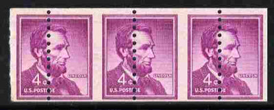 United States 1954 Lincoln 4c coil strip of 3 perforated through centre of stamps (perfs misplaced 10mm) unmounted mint as SG 1058
