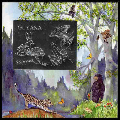 Guyana 1995 Nature $600 deluxe imperf m/sheet with design in silver foil showing Rabbit, Butterfly, Mineral Crystals & Mushroom, on card from a limited numbered edition