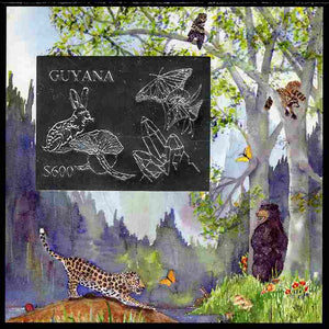 Guyana 1995 Nature $600 deluxe imperf m/sheet with design in silver foil showing Rabbit, Butterfly, Mineral Crystals & Mushroom, on card from a limited numbered edition