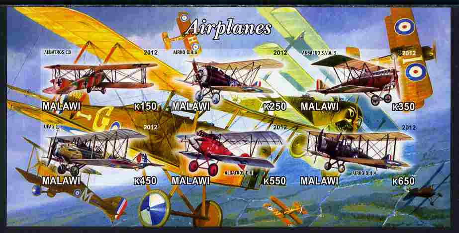 Malawi 2012 Early Bi-planes imperf sheetlet containing 6 values unmounted mint