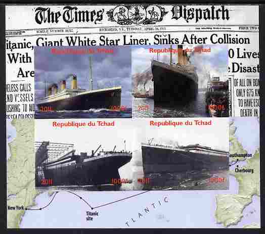 Chad 2011 The Titanic - 100th Anniversary imperf sheetlet containing 4 values unmounted mint. Note this item is privately produced and is offered purely on its thematic appeal.