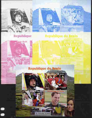 Benin 2011 Royal Visits - William in the Falklands sheetlet containing 4 values - the set of 5 imperf progressive proofs comprising the 4 individual colours plus all 4-colour composite, unmounted mint