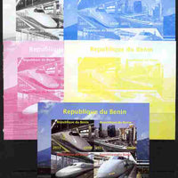 Benin 2011 Japanese High Speed Trains sheetlet containing 4 values - the set of 5 imperf progressive proofs comprising the 4 individual colours plus all 4-colour composite, unmounted mint