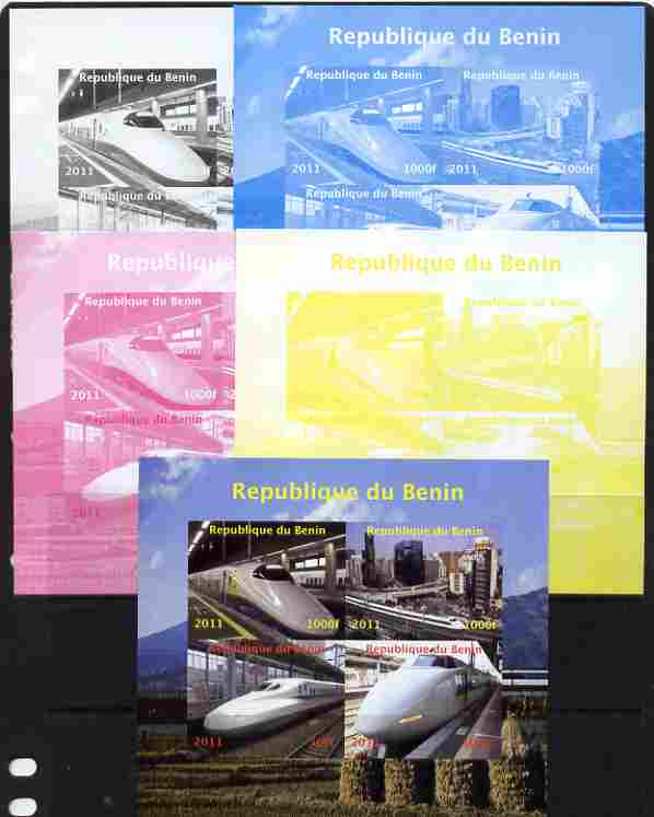 Benin 2011 Japanese High Speed Trains sheetlet containing 4 values - the set of 5 imperf progressive proofs comprising the 4 individual colours plus all 4-colour composite, unmounted mint