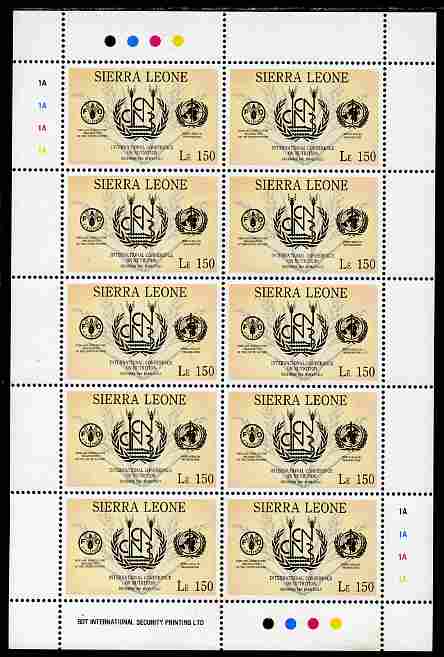 Sierra Leone 1992 Anniversaries & Events - International Conference on Nutrition 150L in complete perf sheetlet of 10 unmounted mint SG 1943