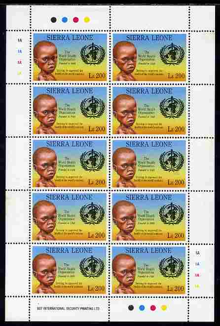 Sierra Leone 1992 Anniversaries & Events - World Health Organisation 200L in complete perf sheetlet of 10 unmounted mint SG 1946