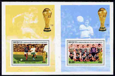 St Vincent - Bequia 1986 World Cup Football the $1 (Iraq Team) and $1.75 (Bulgaria v France) perf m/sheets in unissued uncut format, unmounted mint and rare having originated from the small stock of archive sheets produced by Format International