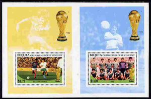 St Vincent - Bequia 1986 World Cup Football the $1 (Iraq Team) and $1.75 (Bulgaria v France) perf m/sheets in unissued uncut format, unmounted mint and rare having originated from the small stock of archive sheets produced by Format International