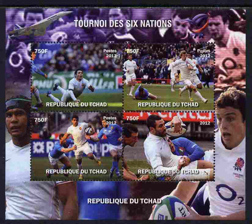 Chad 2012 Rugby Six Nations Tournament #1 perf sheetlet containing 4 values, unmounted mint. Note this item is privately produced and is offered purely on its thematic appeal.