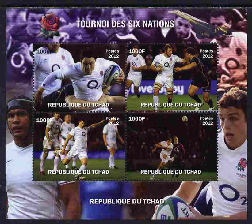 Chad 2012 Rugby Six Nations Tournament #2 perf sheetlet containing 4 values, unmounted mint. Note this item is privately produced and is offered purely on its thematic appeal.
