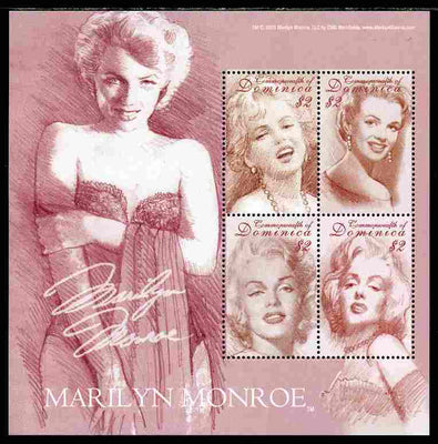 Dominica 2004 Marilyn Monroe commemoration perf sheetlet of 4 x $2 unmounted mint, SG MS3401