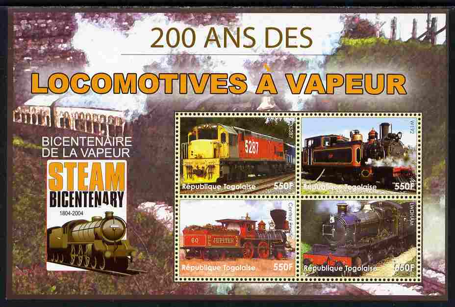 Togo 2004 Bicentenary of Steam Locomotives perf sheetlet of 4 unmounted mint. Note this item is privately produced and is offered purely on its thematic appeal