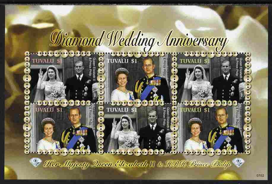 Tuvalu 2007 Diamond Wedding Anniv of Queen Elizabeth II & Duke of Edinburgh perf sheetlet of 6 unmounted mint, SG 1240a