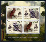 Ivory Coast 2012 Owls & Ornithologists perf sheetlet containing 4 values unmounted mint