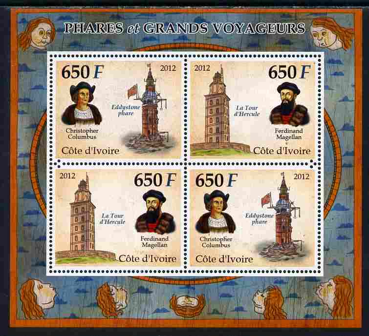 Ivory Coast 2012 Lighthouses & Explorers perf sheetlet containing 4 values unmounted mint