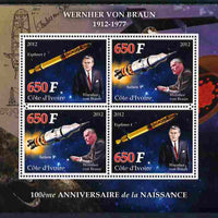 Ivory Coast 2012 100th Birth Anniversary of Wernher van Braun perf sheetlet containing 4 values unmounted mint