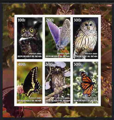 Benin 2004 Owls & Butterflies imperf sheetlet containing set of 6 values unmounted mint