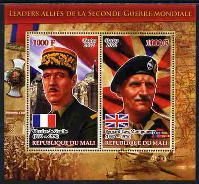 Mali 2012 Allied Leaders of WW2 - De Gaulle & Montgomery large perf sheetlet containing 2 values unmounted mint