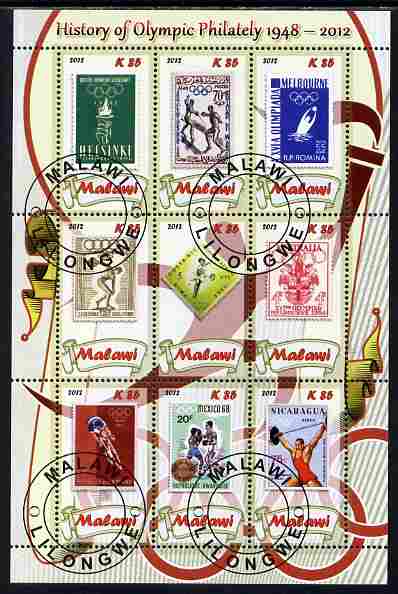 Malawi 2012 History of Olympic Philately #01 perf sheetlet containing 9 values fine cto used