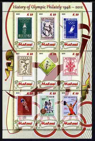 Malawi 2012 History of Olympic Philately #01 perf sheetlet containing 9 values unmounted mint