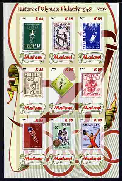 Malawi 2012 History of Olympic Philately #01 imperf sheetlet containing 9 values unmounted mint