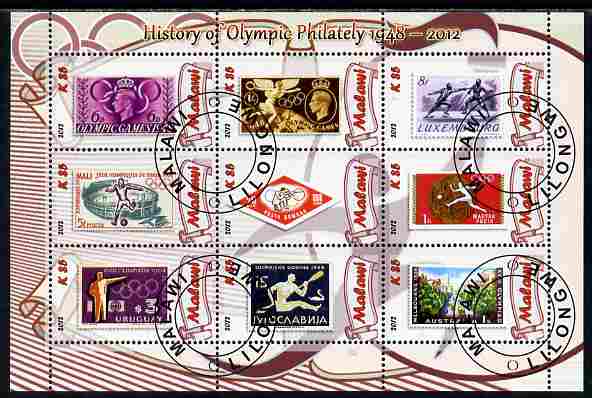 Malawi 2012 History of Olympic Philately #02 perf sheetlet containing 9 values fine cto used