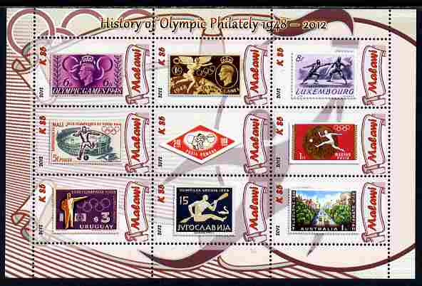 Malawi 2012 History of Olympic Philately #02 perf sheetlet containing 9 values unmounted mint