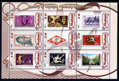 Malawi 2012 History of Olympic Philately #02 perf sheetlet containing 9 values unmounted mint