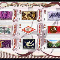 Malawi 2012 History of Olympic Philately #02 imperf sheetlet containing 9 values unmounted mint