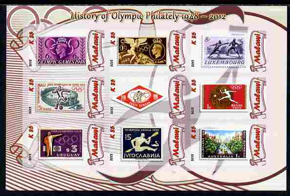 Malawi 2012 History of Olympic Philately #02 imperf sheetlet containing 9 values unmounted mint