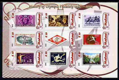 Malawi 2012 History of Olympic Philately #02 imperf sheetlet containing 9 values unmounted mint