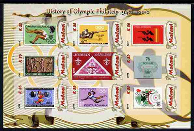 Malawi 2012 History of Olympic Philately #03 imperf sheetlet containing 9 values unmounted mint