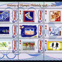 Malawi 2012 History of Olympic Philately #04 perf sheetlet containing 9 values unmounted mint