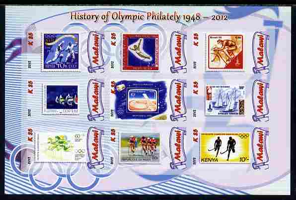 Malawi 2012 History of Olympic Philately #04 imperf sheetlet containing 9 values unmounted mint