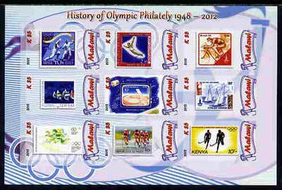 Malawi 2012 History of Olympic Philately #04 imperf sheetlet containing 9 values unmounted mint