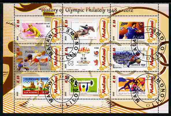 Malawi 2012 History of Olympic Philately #05 perf sheetlet containing 9 values fine cto used