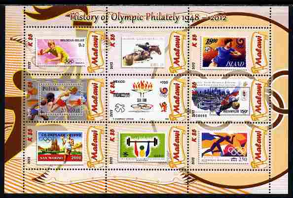 Malawi 2012 History of Olympic Philately #05 perf sheetlet containing 9 values unmounted mint