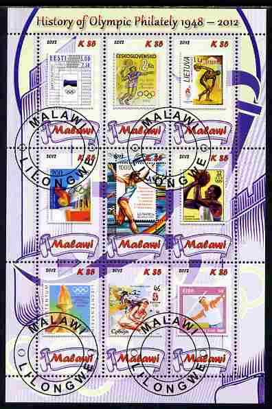 Malawi 2012 History of Olympic Philately #06 perf sheetlet containing 9 values fine cto used
