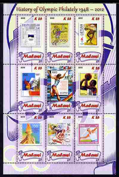 Malawi 2012 History of Olympic Philately #06 perf sheetlet containing 9 values unmounted mint