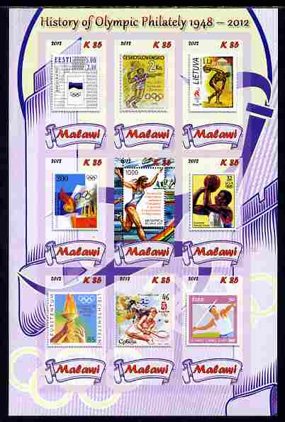Malawi 2012 History of Olympic Philately #06 imperf sheetlet containing 9 values unmounted mint