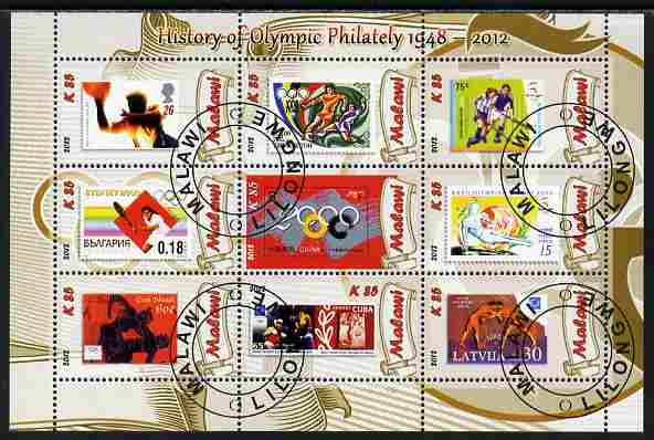 Malawi 2012 History of Olympic Philately #07 perf sheetlet containing 9 values fine cto used