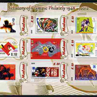 Malawi 2012 History of Olympic Philately #07 imperf sheetlet containing 9 values unmounted mint