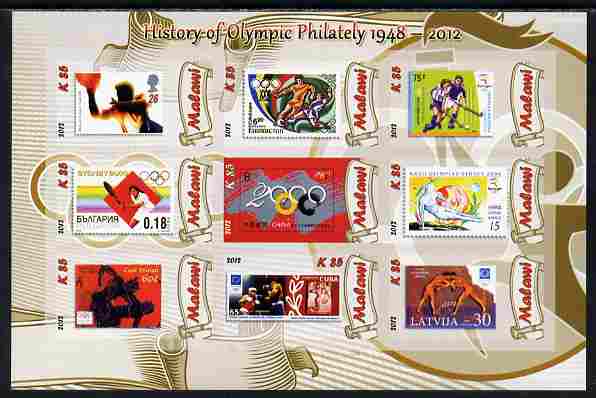 Malawi 2012 History of Olympic Philately #07 imperf sheetlet containing 9 values unmounted mint