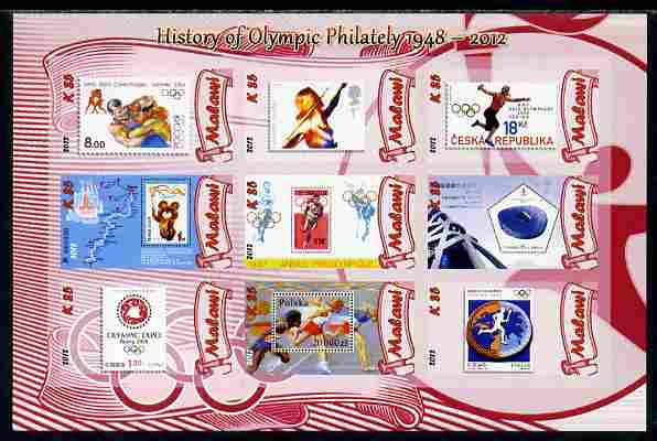 Malawi 2012 History of Olympic Philately #08 imperf sheetlet containing 9 values unmounted mint
