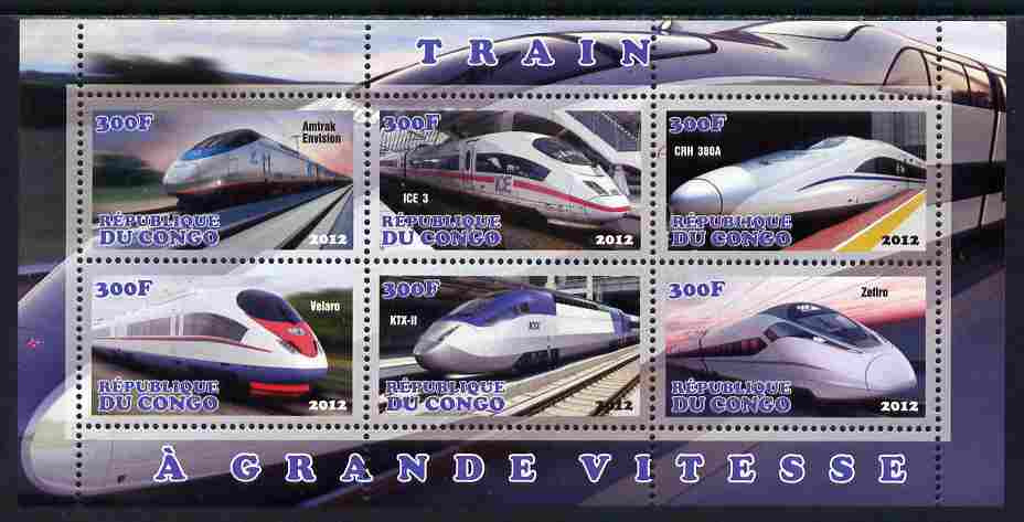 Congo 2012 High Speed Trains perf sheetlet containing 6 values unmounted mint