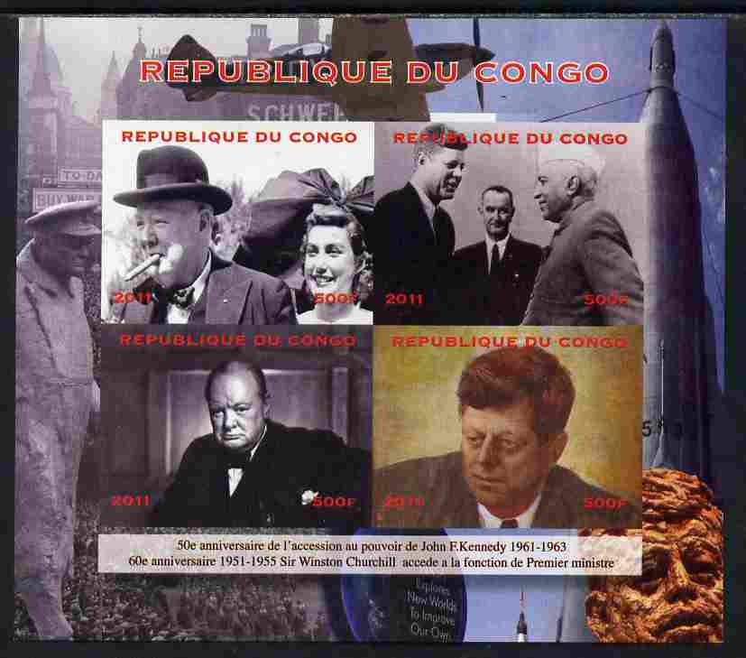 Congo 2012 Churchill & Kennedy imperf sheetlet containing 4 values unmounted mint. Note this item is privately produced and is offered purely on its thematic appeal, it has no postal validity