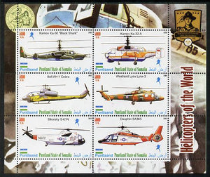 Puntland State of Somalia 2010 Helicopters of the World #1 perf sheetlet containing 6 values with Scout Badges unmounted mint