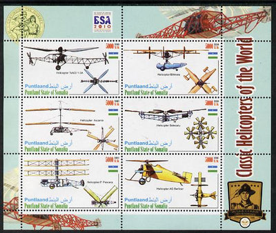 Puntland State of Somalia 2010 Helicopters of the World #2 perf sheetlet containing 6 values with Scout Badges unmounted mint